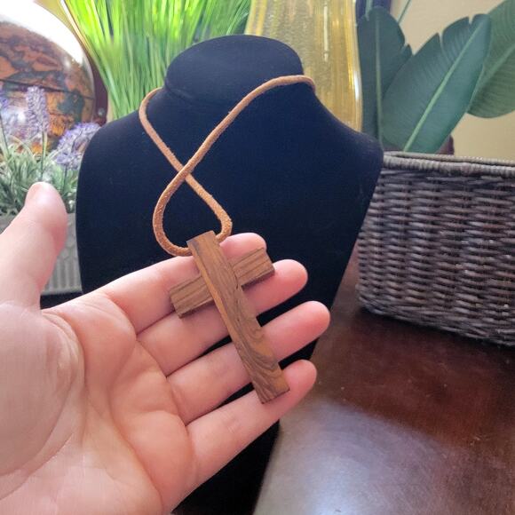 Rustic Vintage Wooden Cross Necklace with Leather Cord & Christian Style Pendant - Picture 8 of 10